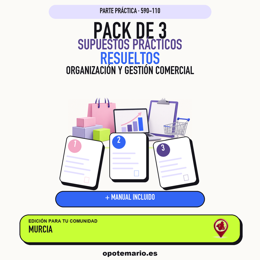 Pack de 3 supuestos prácticos resueltos de Organización y Gestión Comercial en Murcia. Incluye manual específico. PDF de Opotemario.