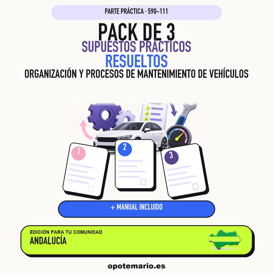Pack de 3 supuestos prácticos resueltos de Organización y Procesos de Mantenimiento de Vehículos en Andalucía. Incluye manual específico. PDF de Opotemario.