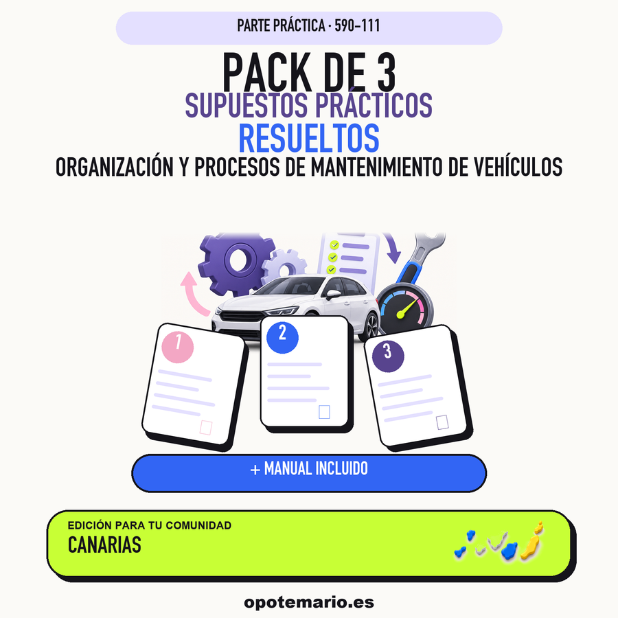 Pack de 3 supuestos prácticos resueltos de Organización y Procesos de Mantenimiento de Vehículos en Canarias. Incluye manual específico. PDF de Opotemario.