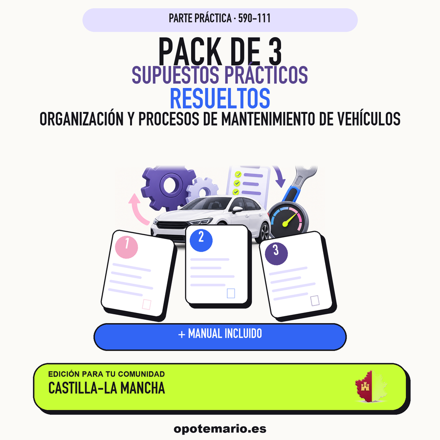 Pack de 3 supuestos prácticos resueltos de Organización y Procesos de Mantenimiento de Vehículos en Castilla-La Mancha. Incluye manual específico. PDF de Opotemario.