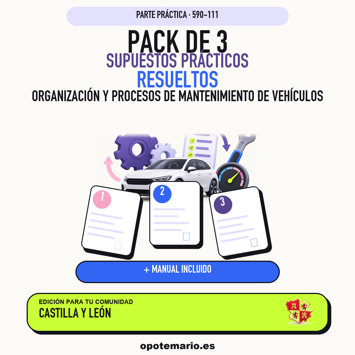 Pack de 3 supuestos prácticos resueltos de Organización y Procesos de Mantenimiento de Vehículos en Castilla y León. Incluye manual específico. PDF de Opotemario.