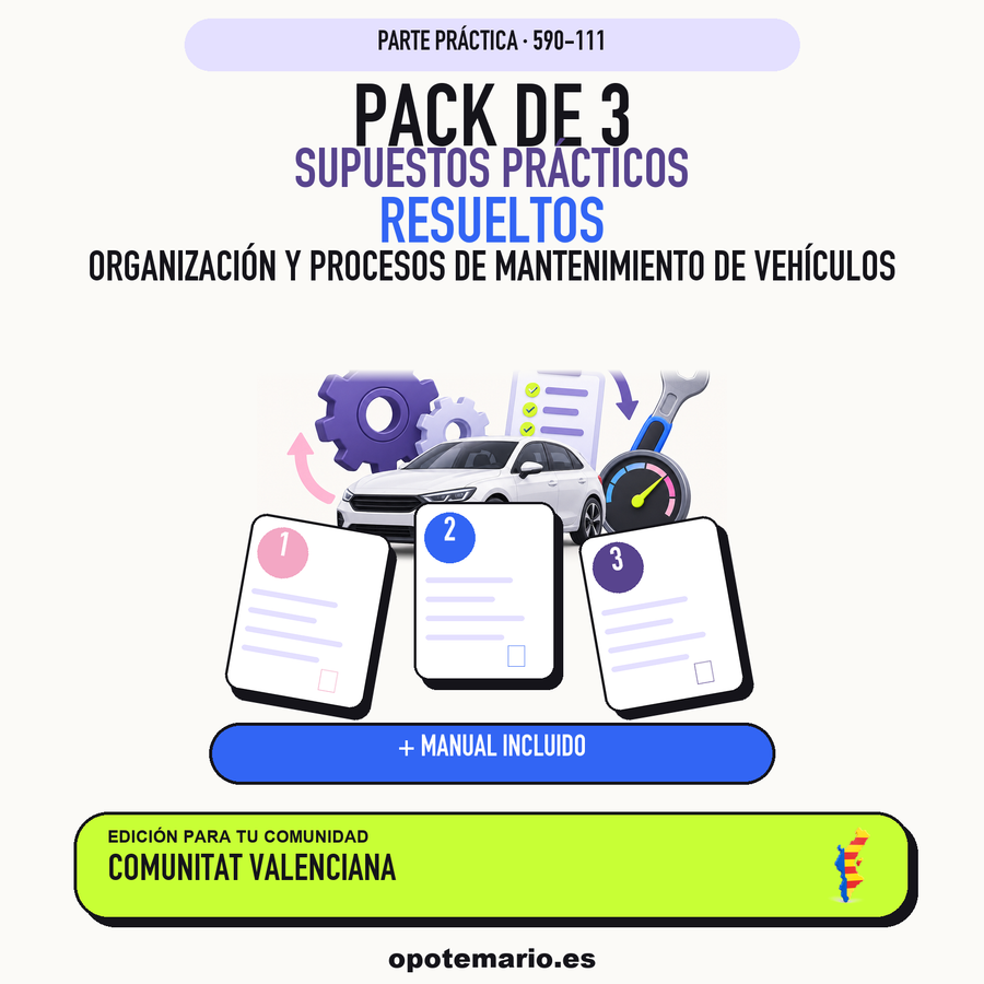 Pack de 3 supuestos prácticos resueltos de Organización y Procesos de Mantenimiento de Vehículos en Comunitat Valenciana. Incluye manual específico. PDF de Opotemario.