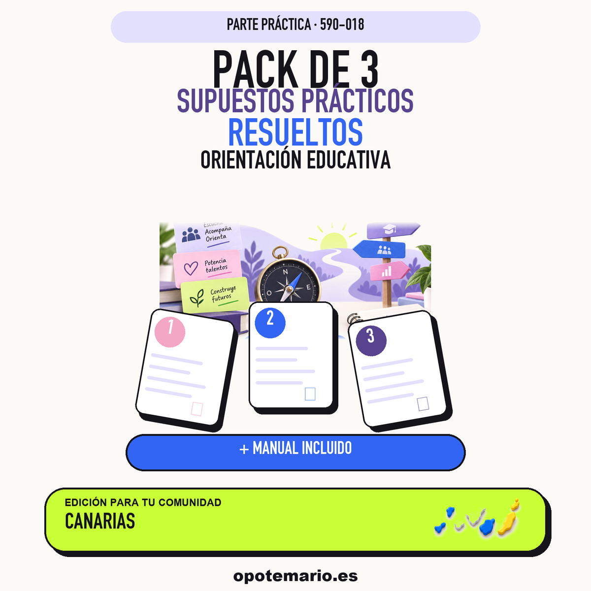 Pack de 3 supuestos prácticos resueltos de Orientación Educativa en Canarias. Incluye manual específico. PDF de Opotemario.