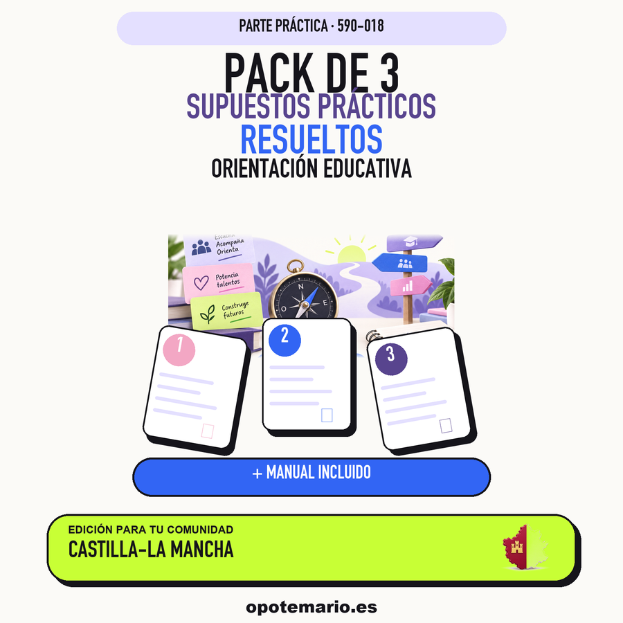 Pack de 3 supuestos prácticos resueltos de Orientación Educativa en Castilla-La Mancha. Incluye manual específico. PDF de Opotemario.