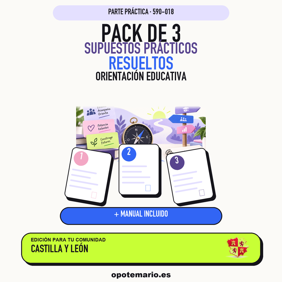 Pack de 3 supuestos prácticos resueltos de Orientación Educativa en Castilla y León. Incluye manual específico. PDF de Opotemario.
