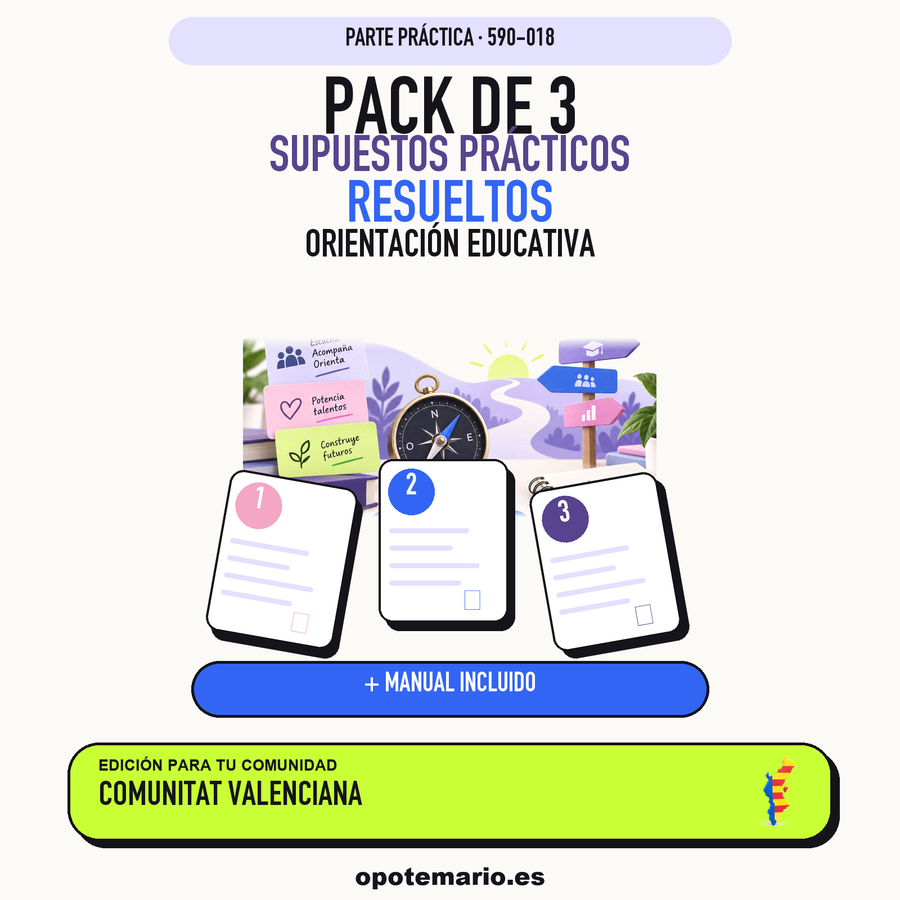 Pack de 3 supuestos prácticos resueltos de Orientación Educativa en Comunitat Valenciana. Incluye manual específico. PDF de Opotemario.