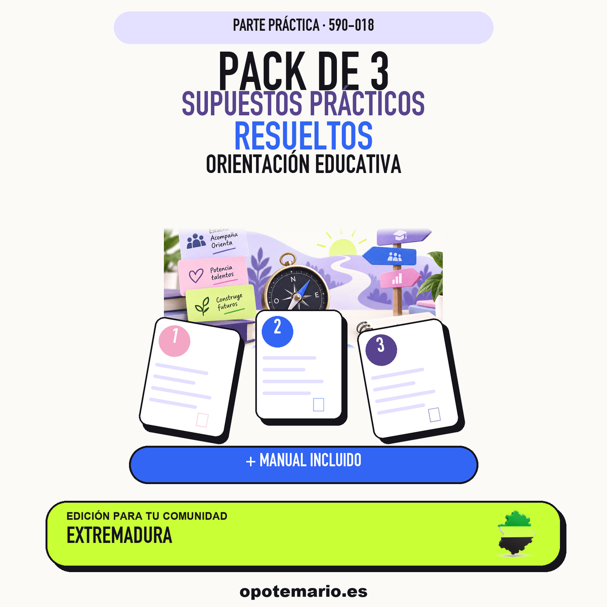 Pack de 3 supuestos prácticos resueltos de Orientación Educativa en Extremadura. Incluye manual específico. PDF de Opotemario.