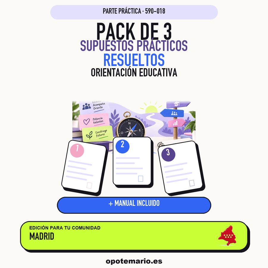 Pack de 3 supuestos prácticos resueltos de Orientación Educativa en Madrid. Incluye manual específico. PDF de Opotemario.