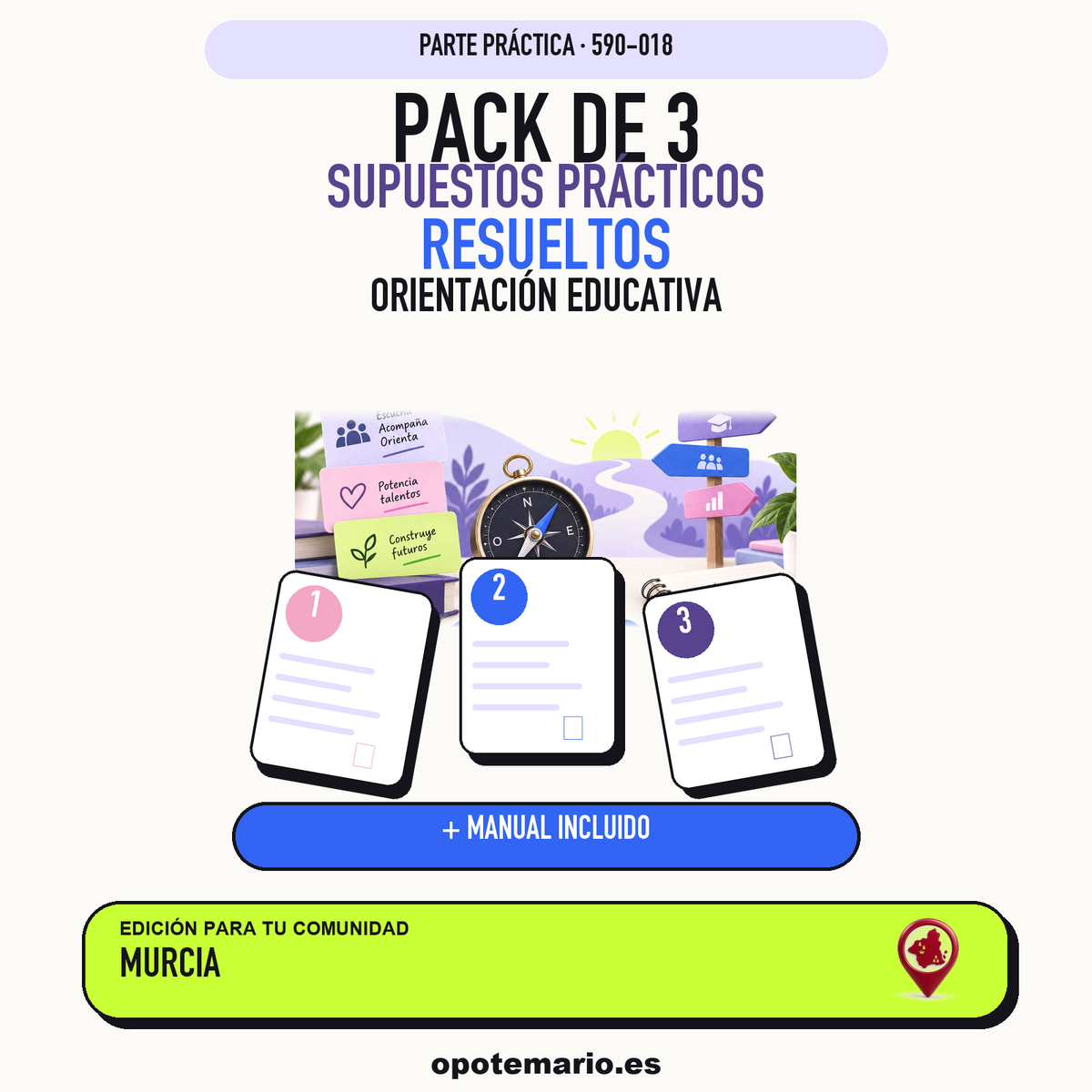Pack de 3 supuestos prácticos resueltos de Orientación Educativa en Murcia. Incluye manual específico. PDF de Opotemario.
