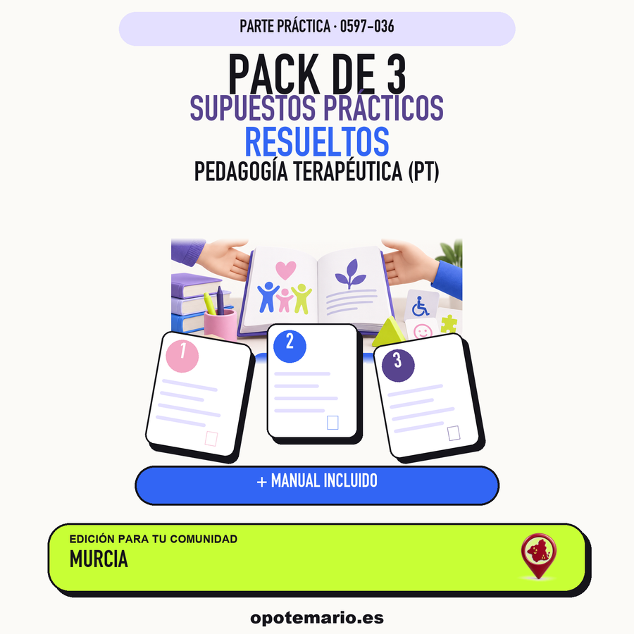 Pack de 3 supuestos prácticos resueltos de Pedagogía Terapéutica (PT) en Murcia. Incluye manual específico. PDF de Opotemario.