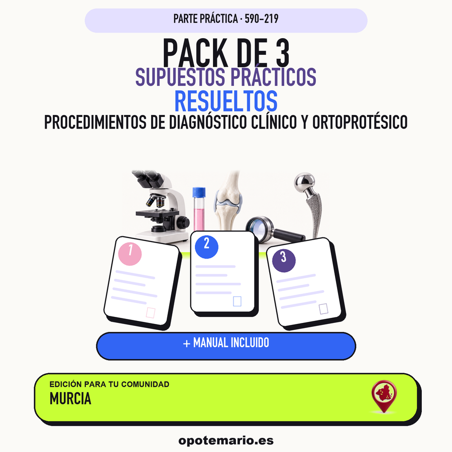 Pack de 3 supuestos prácticos resueltos de Procedimientos de Diagnóstico Clínico y Ortoprotésico en Murcia. Incluye manual específico. PDF de Opotemario.