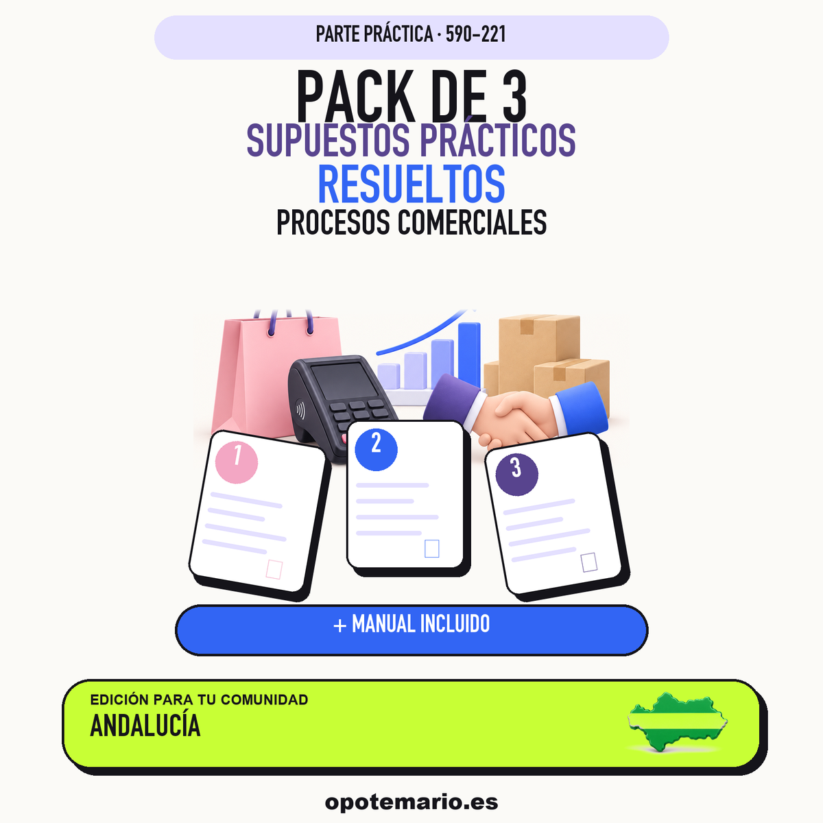 Pack de 3 supuestos prácticos resueltos de Procesos Comerciales en Andalucía. Incluye manual específico. PDF de Opotemario.