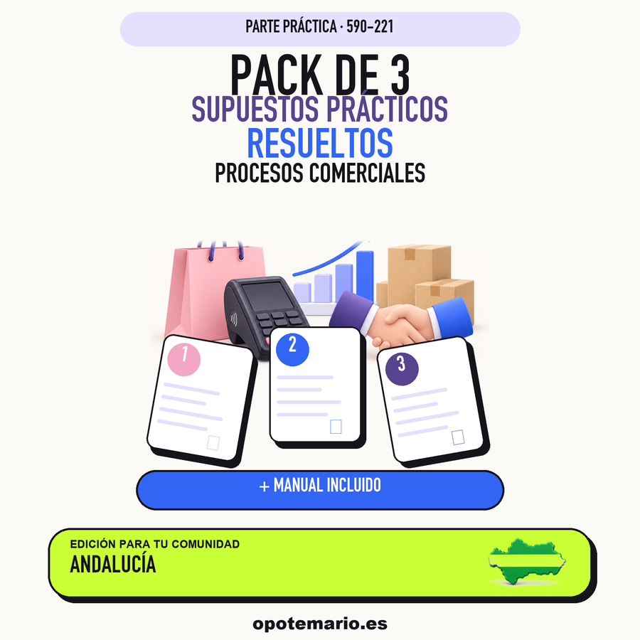 Pack de 3 supuestos prácticos resueltos de Procesos Comerciales en Andalucía. Incluye manual específico. PDF de Opotemario.