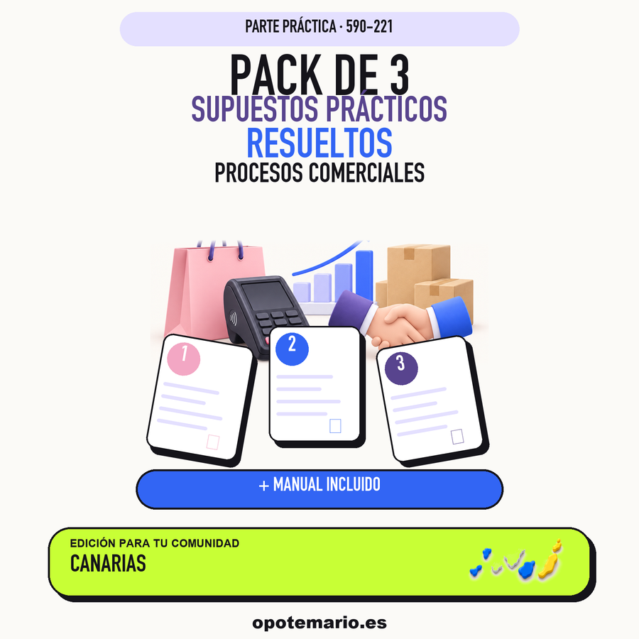 Pack de 3 supuestos prácticos resueltos de Procesos Comerciales en Canarias. Incluye manual específico. PDF de Opotemario.