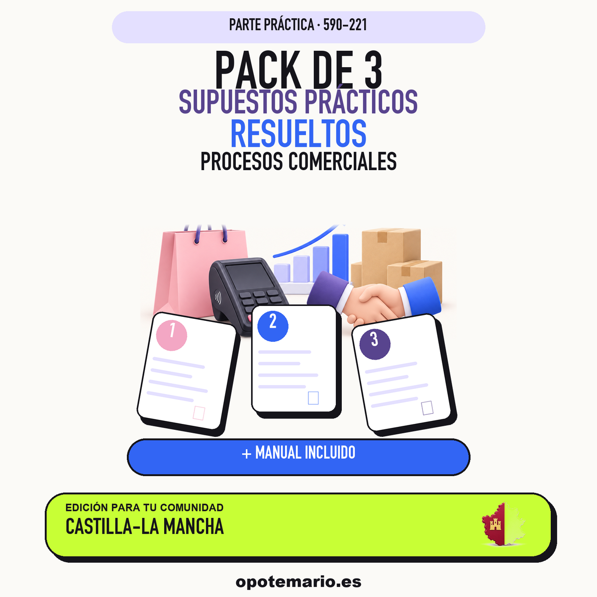 Pack de 3 supuestos prácticos resueltos de Procesos Comerciales en Castilla-La Mancha. Incluye manual específico. PDF de Opotemario.