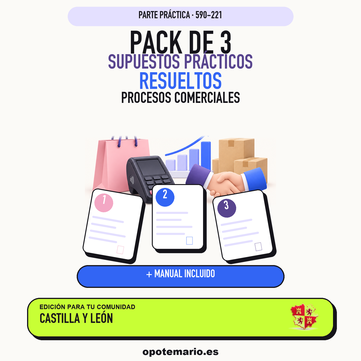 Pack de 3 supuestos prácticos resueltos de Procesos Comerciales en Castilla y León. Incluye manual específico. PDF de Opotemario.
