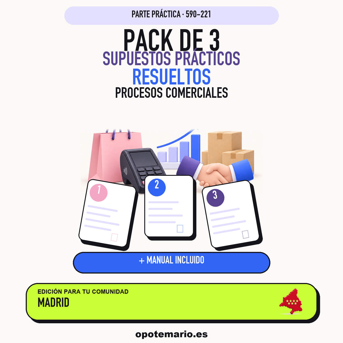 Pack de 3 supuestos prácticos resueltos de Procesos Comerciales en Madrid. Incluye manual específico. PDF de Opotemario.