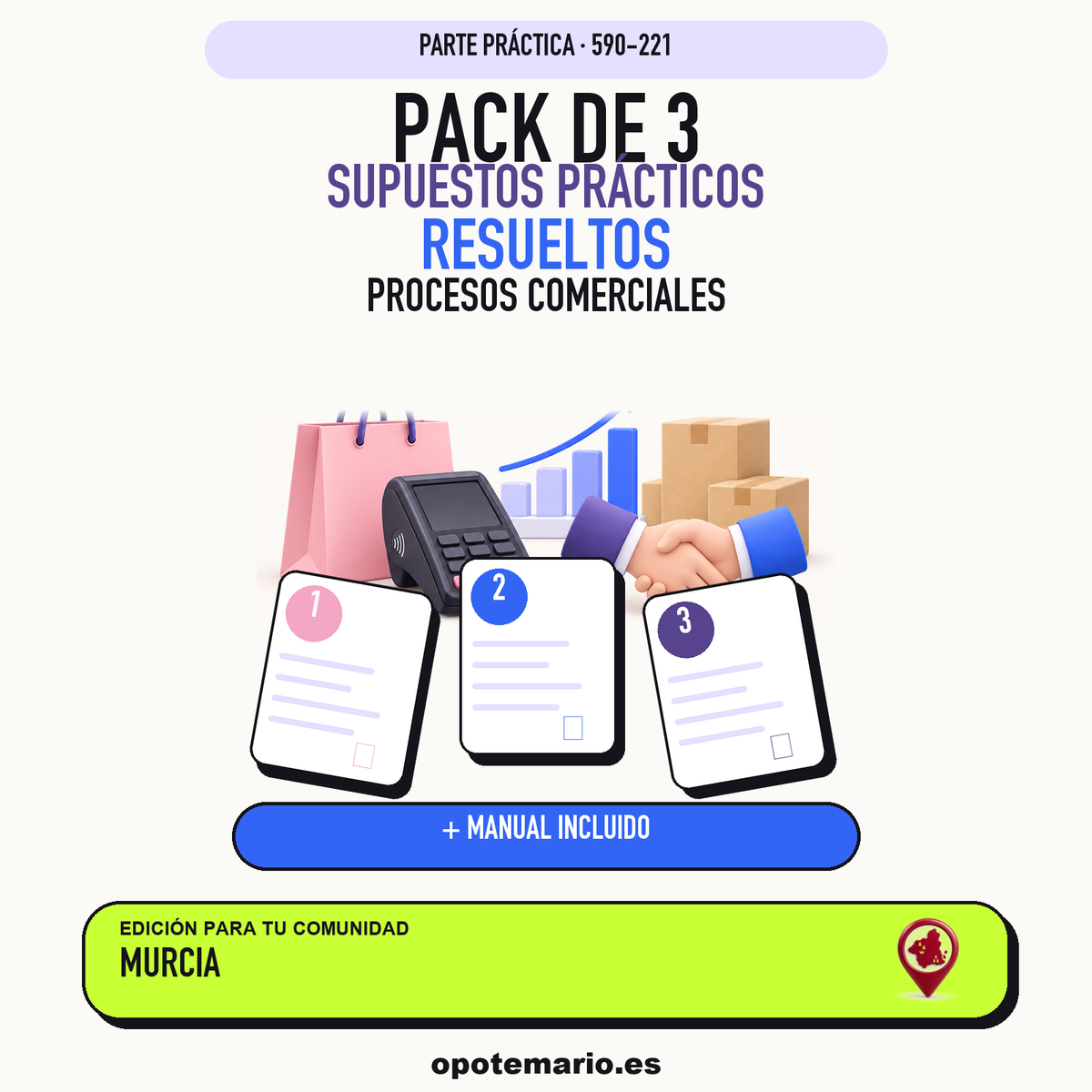 Pack de 3 supuestos prácticos resueltos de Procesos Comerciales en Murcia. Incluye manual específico. PDF de Opotemario.