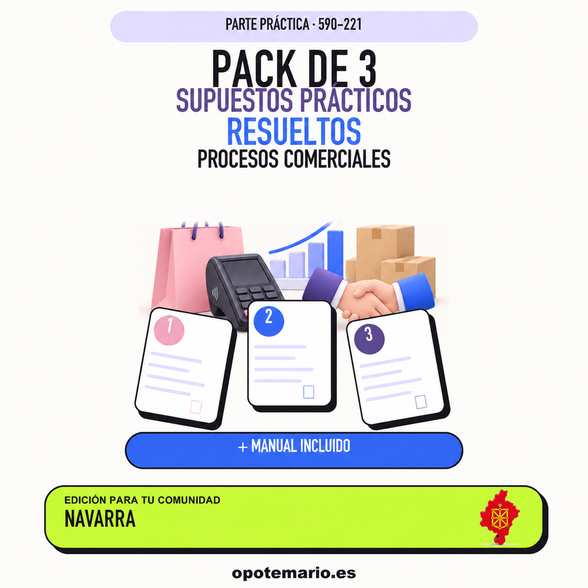 Pack de 3 supuestos prácticos resueltos de Procesos Comerciales en Navarra. Incluye manual específico. PDF de Opotemario.