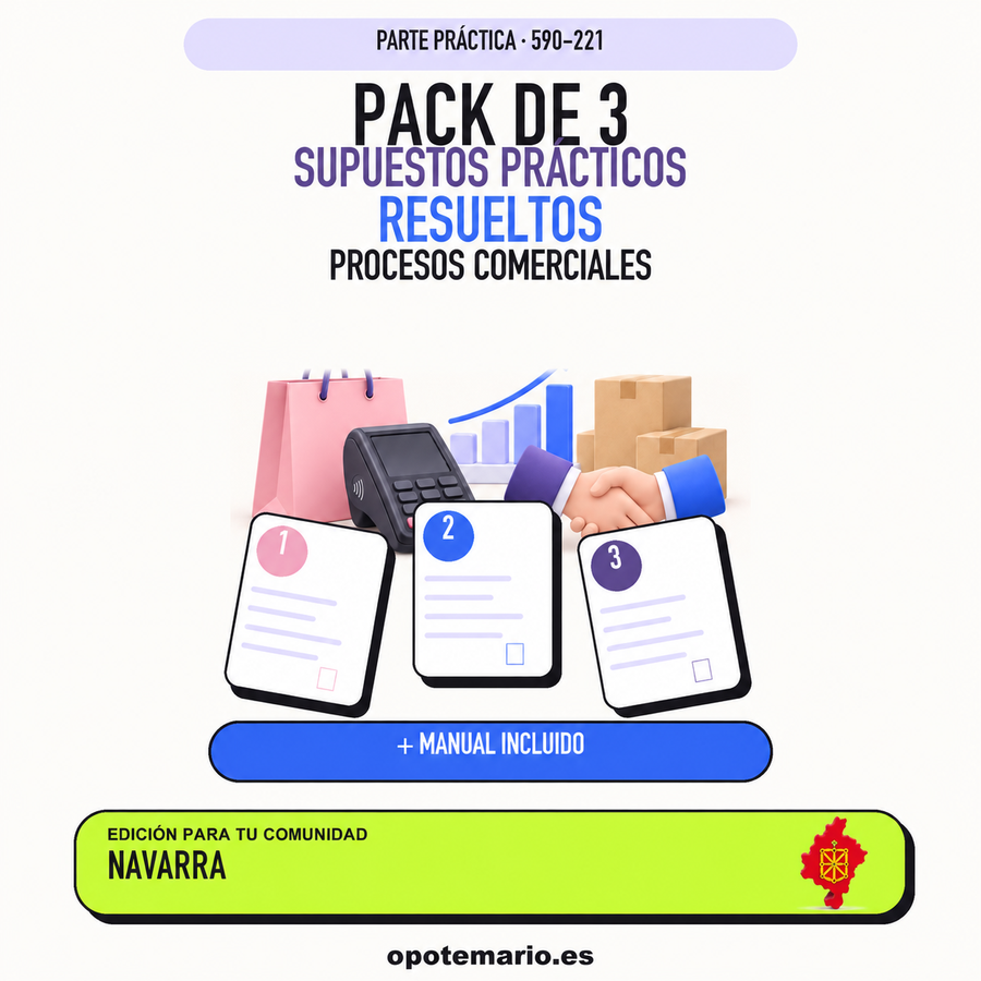 Pack de 3 supuestos prácticos resueltos de Procesos Comerciales en Navarra. Incluye manual específico. PDF de Opotemario.