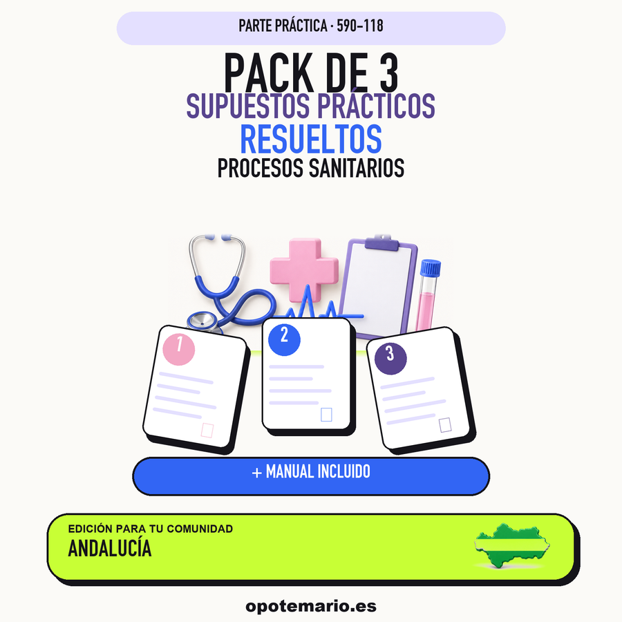 Pack de 3 supuestos prácticos resueltos de Procesos Sanitarios en Andalucía. Incluye manual específico. PDF de Opotemario.
