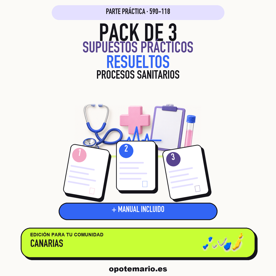 Pack de 3 supuestos prácticos resueltos de Procesos Sanitarios en Canarias. Incluye manual específico. PDF de Opotemario.