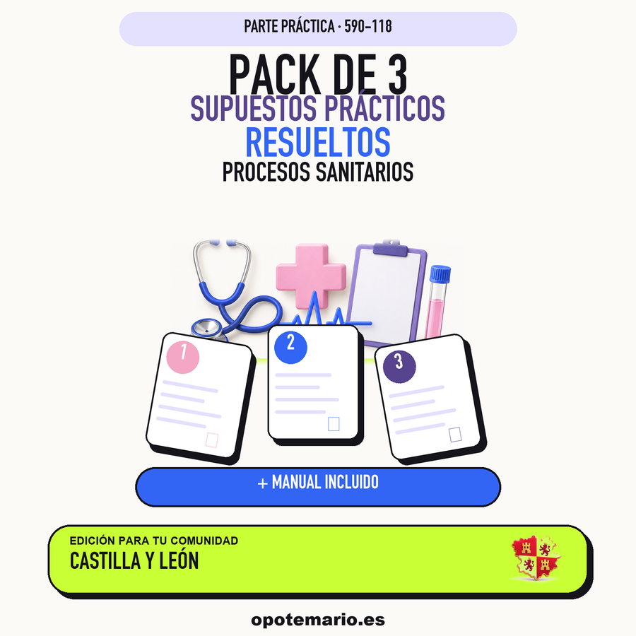 Pack de 3 supuestos prácticos resueltos de Procesos Sanitarios en Castilla y León. Incluye manual específico. PDF de Opotemario.