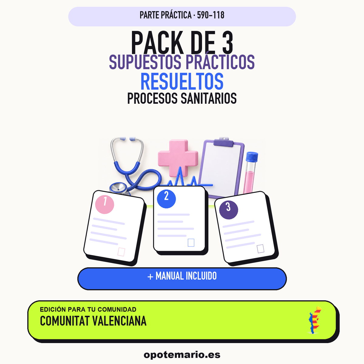 Pack de 3 supuestos prácticos resueltos de Procesos Sanitarios en Comunitat Valenciana. Incluye manual específico. PDF de Opotemario.