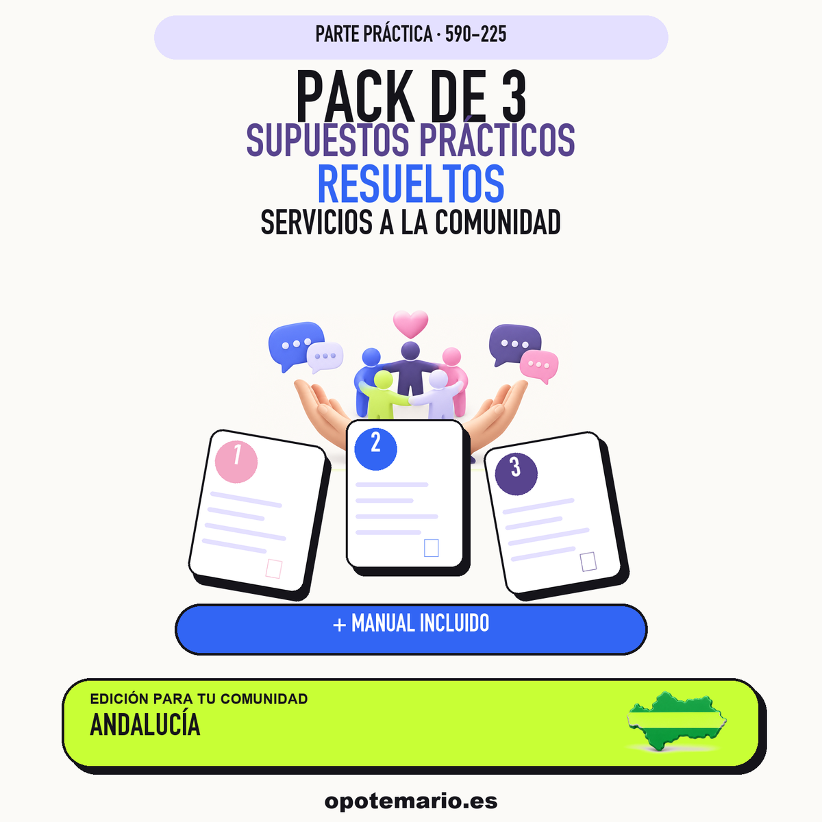 Pack de 3 supuestos prácticos resueltos de Servicios a la Comunidad en Andalucía. Incluye manual específico. PDF de Opotemario.