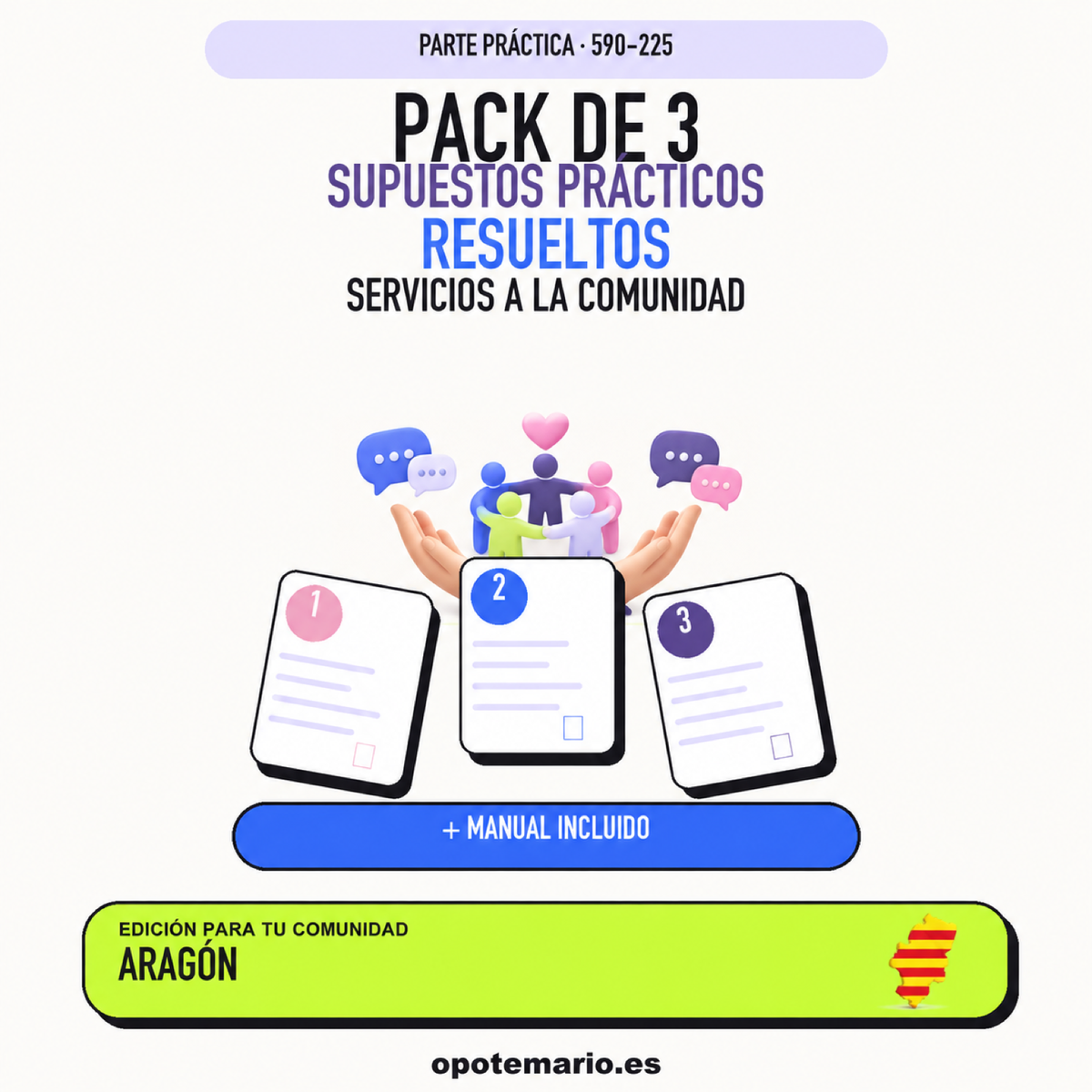 Pack de 3 supuestos prácticos resueltos de Servicios a la Comunidad en Aragón. Incluye manual específico.