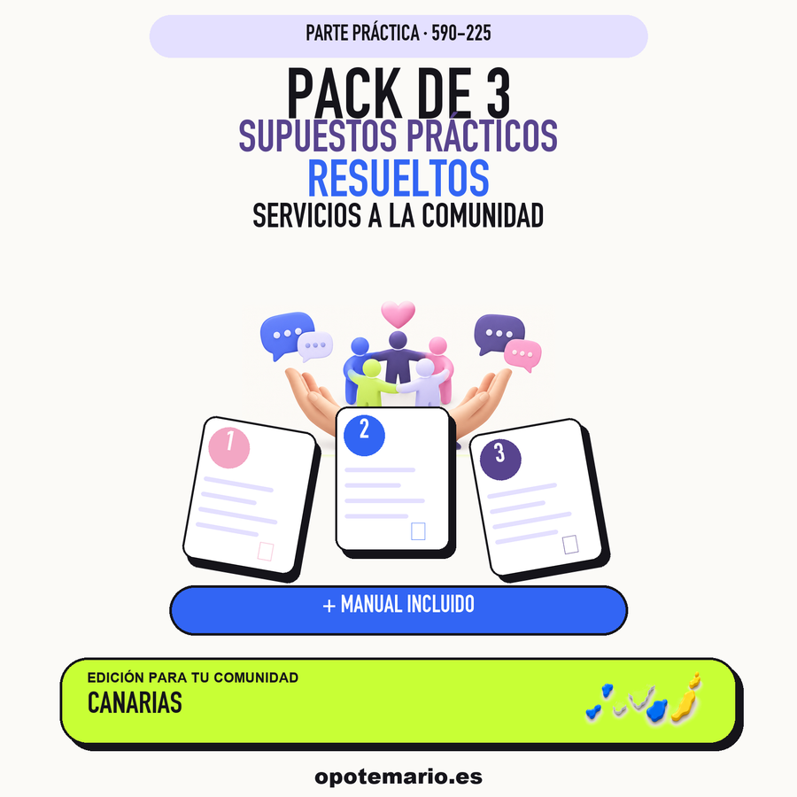 Pack de 3 supuestos prácticos resueltos de Servicios a la Comunidad en Canarias. Incluye manual específico. PDF de Opotemario.