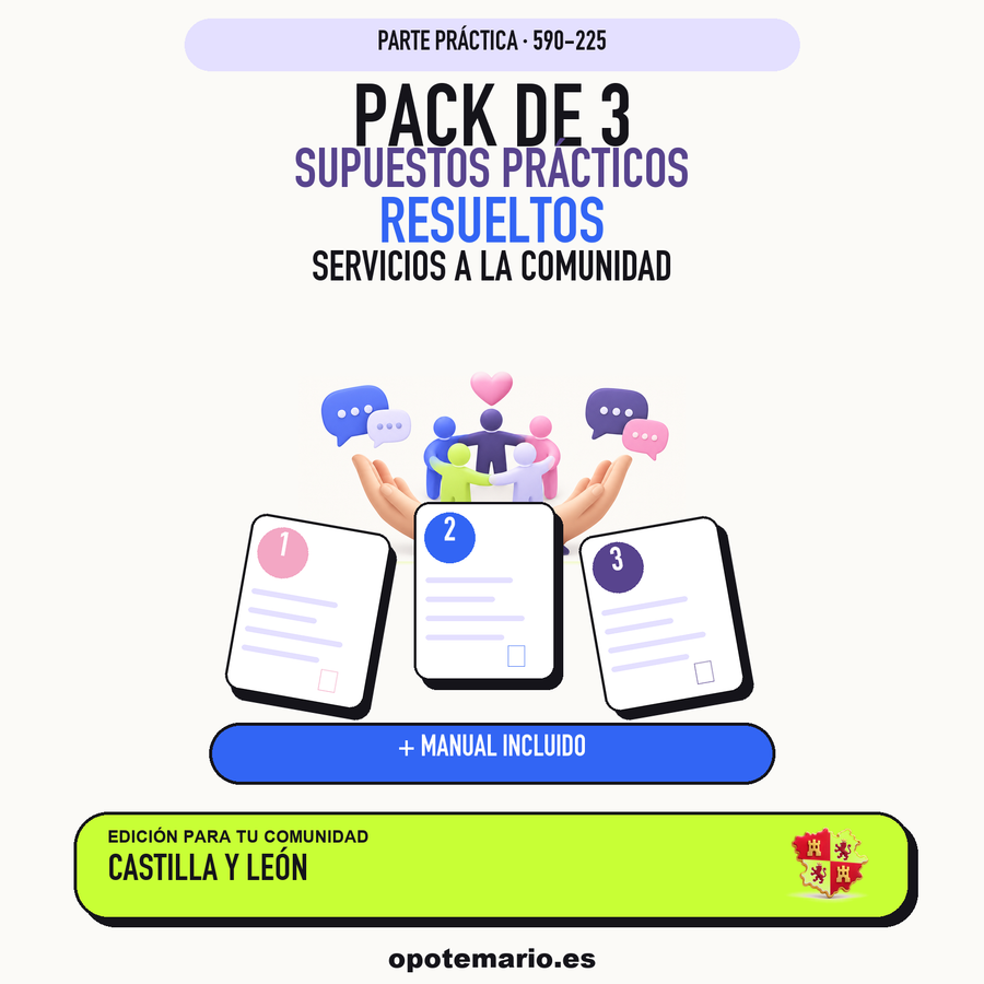 Pack de 3 supuestos prácticos resueltos de Servicios a la Comunidad en Castilla y León. Incluye manual específico. PDF de Opotemario.