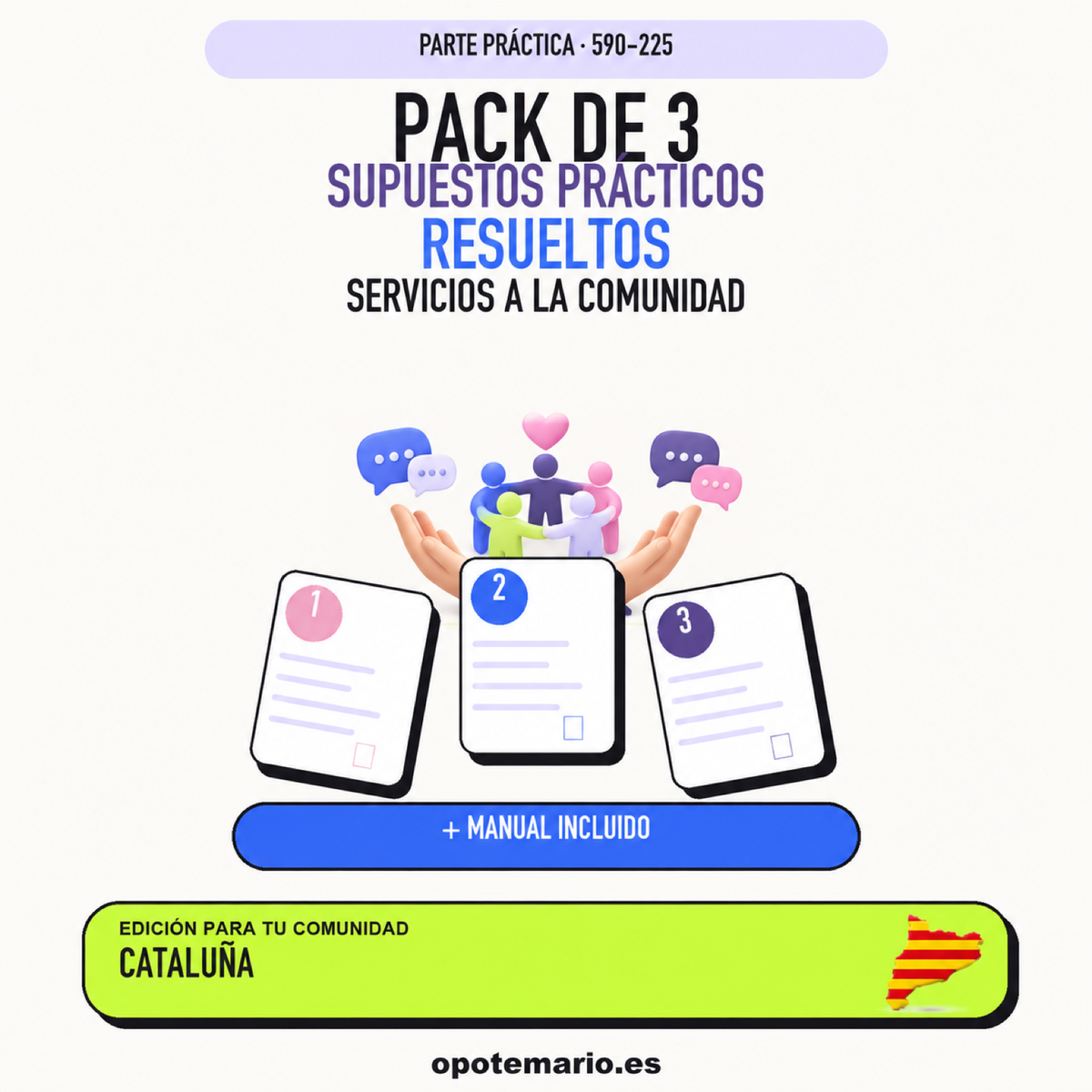 Pack de 3 supuestos prácticos resueltos de Servicios a la Comunidad en Cataluña. Incluye manual específico.
