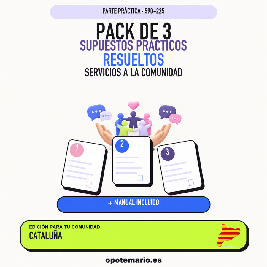 Pack de 3 supuestos prácticos resueltos de Servicios a la Comunidad en Cataluña. Incluye manual específico.