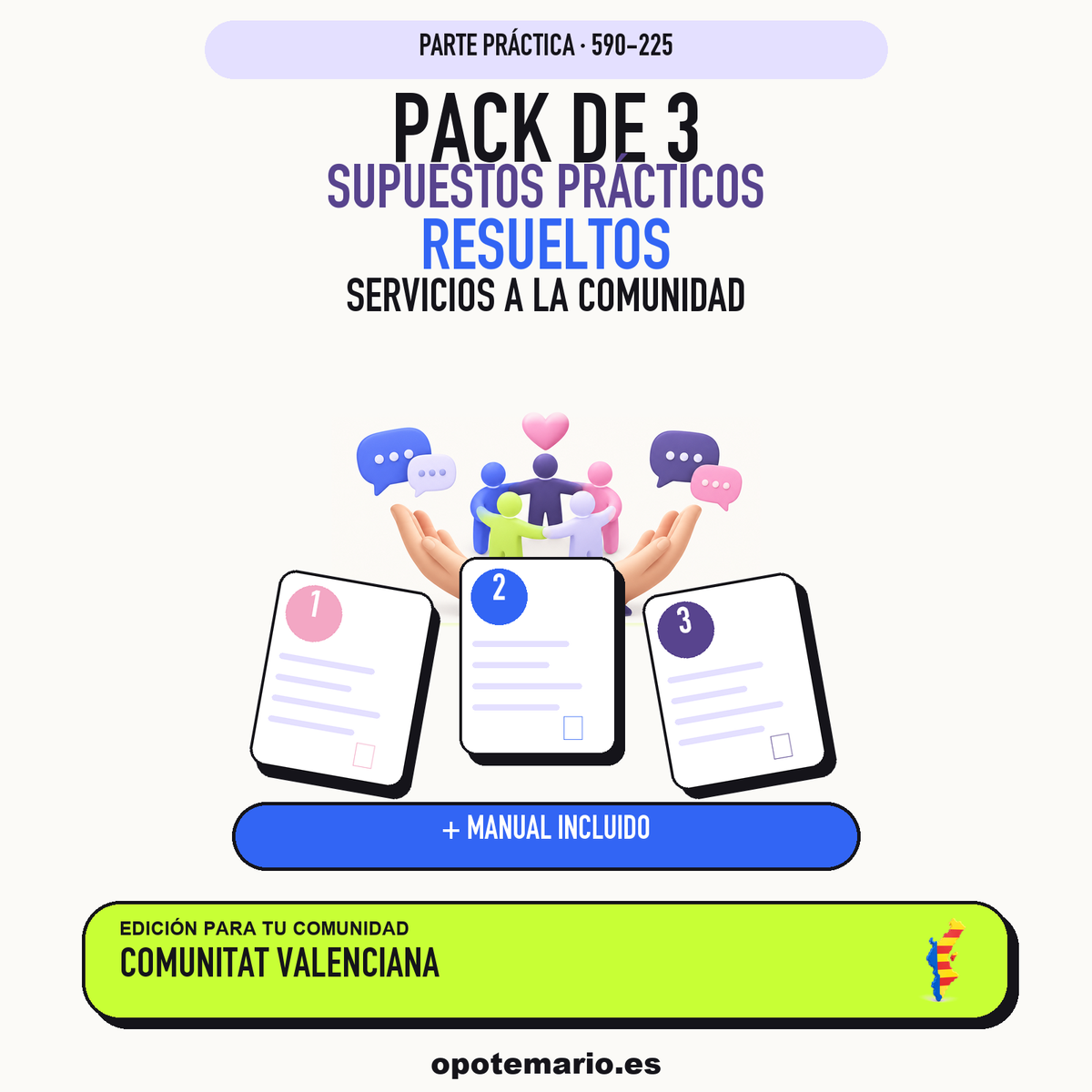 Pack de 3 supuestos prácticos resueltos de Servicios a la Comunidad en Comunitat Valenciana. Incluye manual específico. PDF de Opotemario.