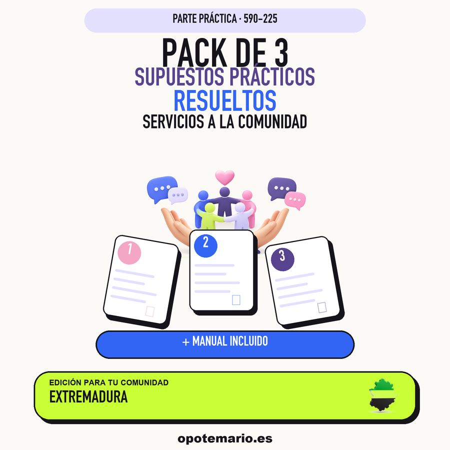 Pack de 3 supuestos prácticos resueltos de Servicios a la Comunidad en Extremadura. Incluye manual específico. PDF de Opotemario.