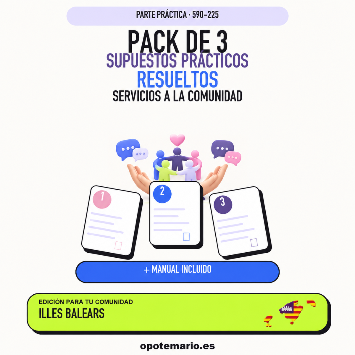 Pack de 3 supuestos prácticos resueltos de Servicios a la Comunidad en Illes Balears. Incluye manual específico.
