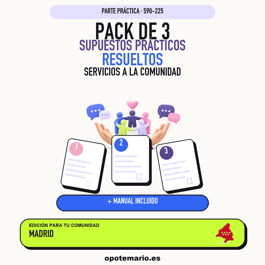 Pack de 3 supuestos prácticos resueltos de Servicios a la Comunidad en Madrid. Incluye manual específico. PDF de Opotemario.