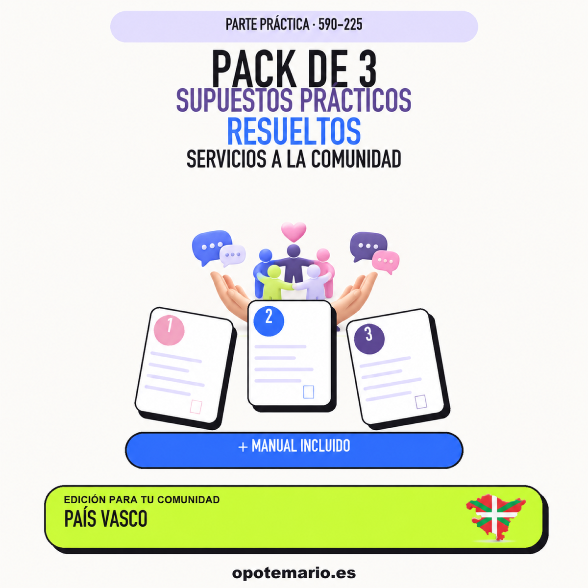 Pack de 3 supuestos prácticos resueltos de Servicios a la Comunidad en País Vasco. Incluye manual específico.