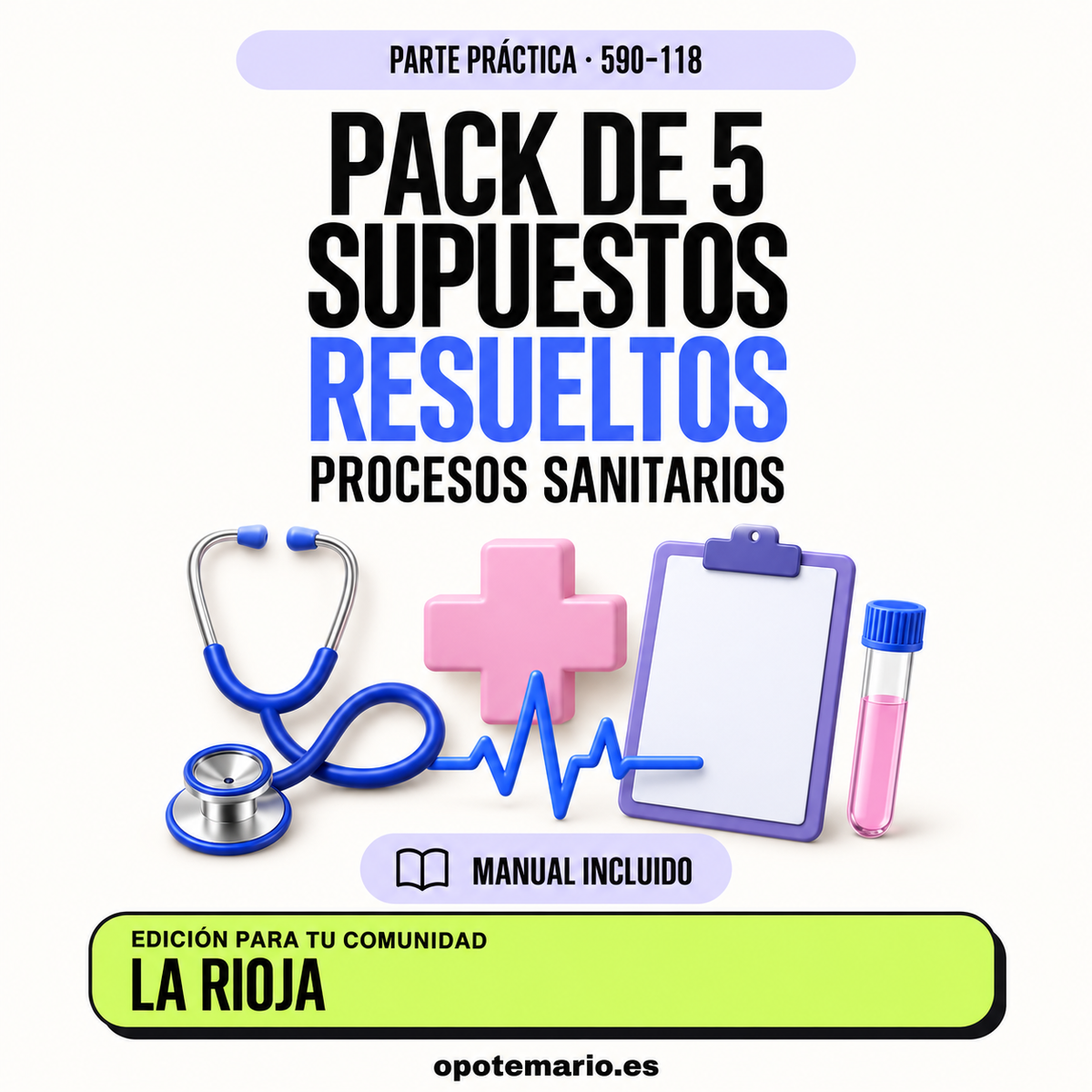 Pack de 5 supuestos prácticos resueltos de Procesos Sanitarios en La Rioja. Manual específico incluido.