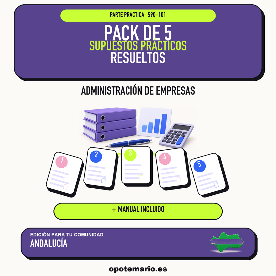 Pack de 5 supuestos prácticos resueltos de Administración de Empresas en Andalucía. Incluye manual específico. PDF de Opotemario.