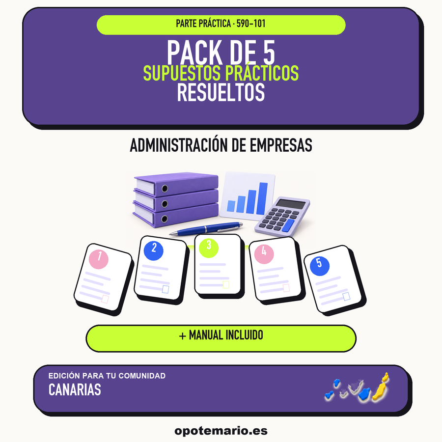 Pack de 5 supuestos prácticos resueltos de Administración de Empresas en Canarias. Incluye manual específico. PDF de Opotemario.