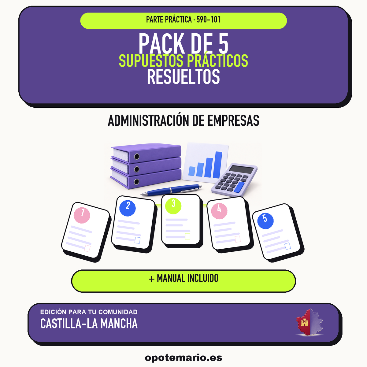 Pack de 5 supuestos prácticos resueltos de Administración de Empresas en Castilla-La Mancha. Incluye manual específico. PDF de Opotemario.