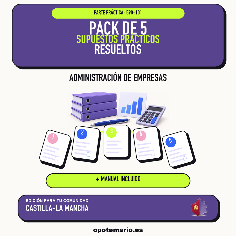 Pack de 5 supuestos prácticos resueltos de Administración de Empresas en Castilla-La Mancha. Incluye manual específico. PDF de Opotemario.
