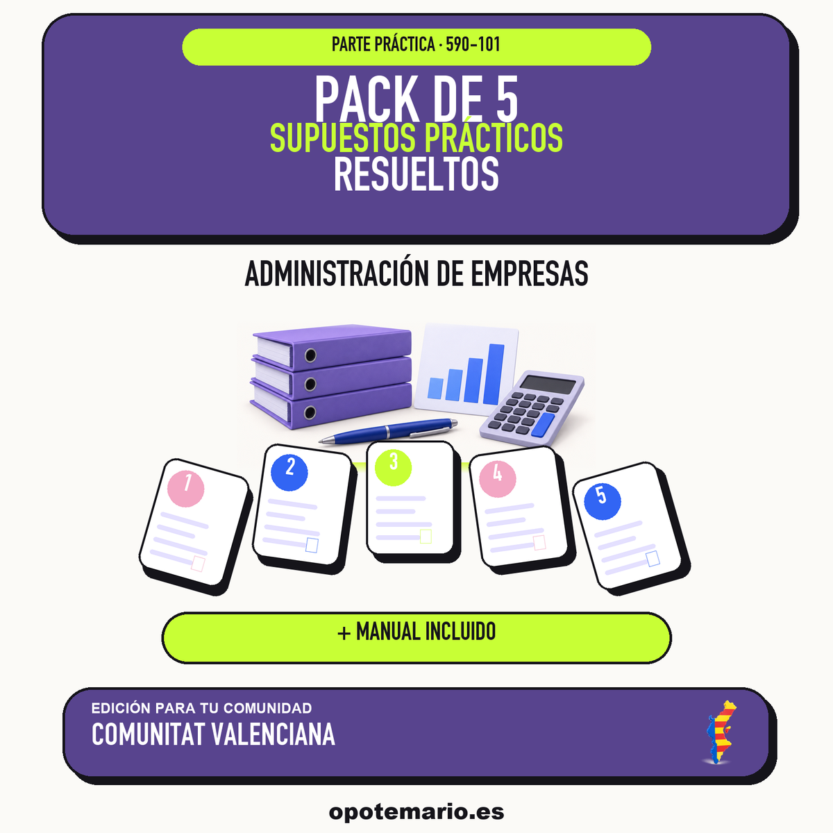 Pack de 5 supuestos prácticos resueltos de Administración de Empresas en Comunitat Valenciana. Incluye manual específico. PDF de Opotemario.