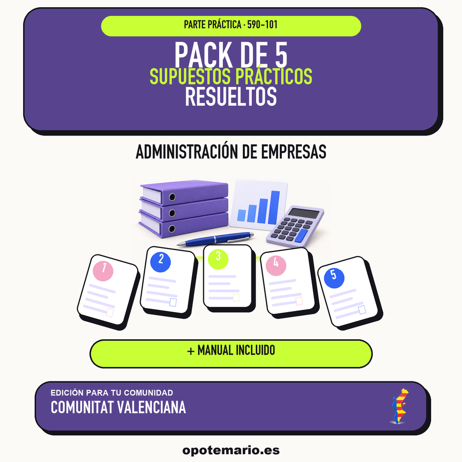 Pack de 5 supuestos prácticos resueltos de Administración de Empresas en Comunitat Valenciana. Incluye manual específico. PDF de Opotemario.