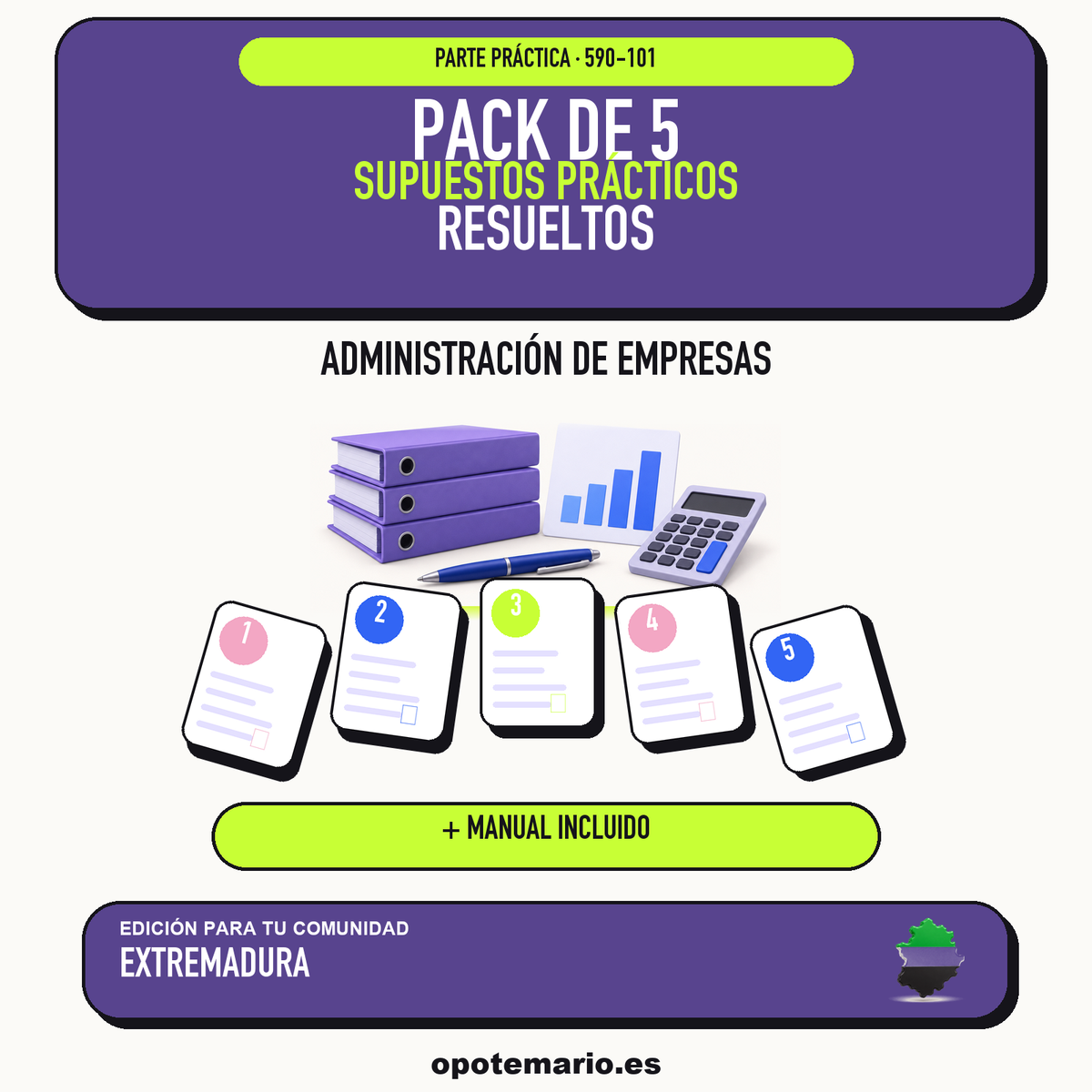 Pack de 5 supuestos prácticos resueltos de Administración de Empresas en Extremadura. Incluye manual específico. PDF de Opotemario.