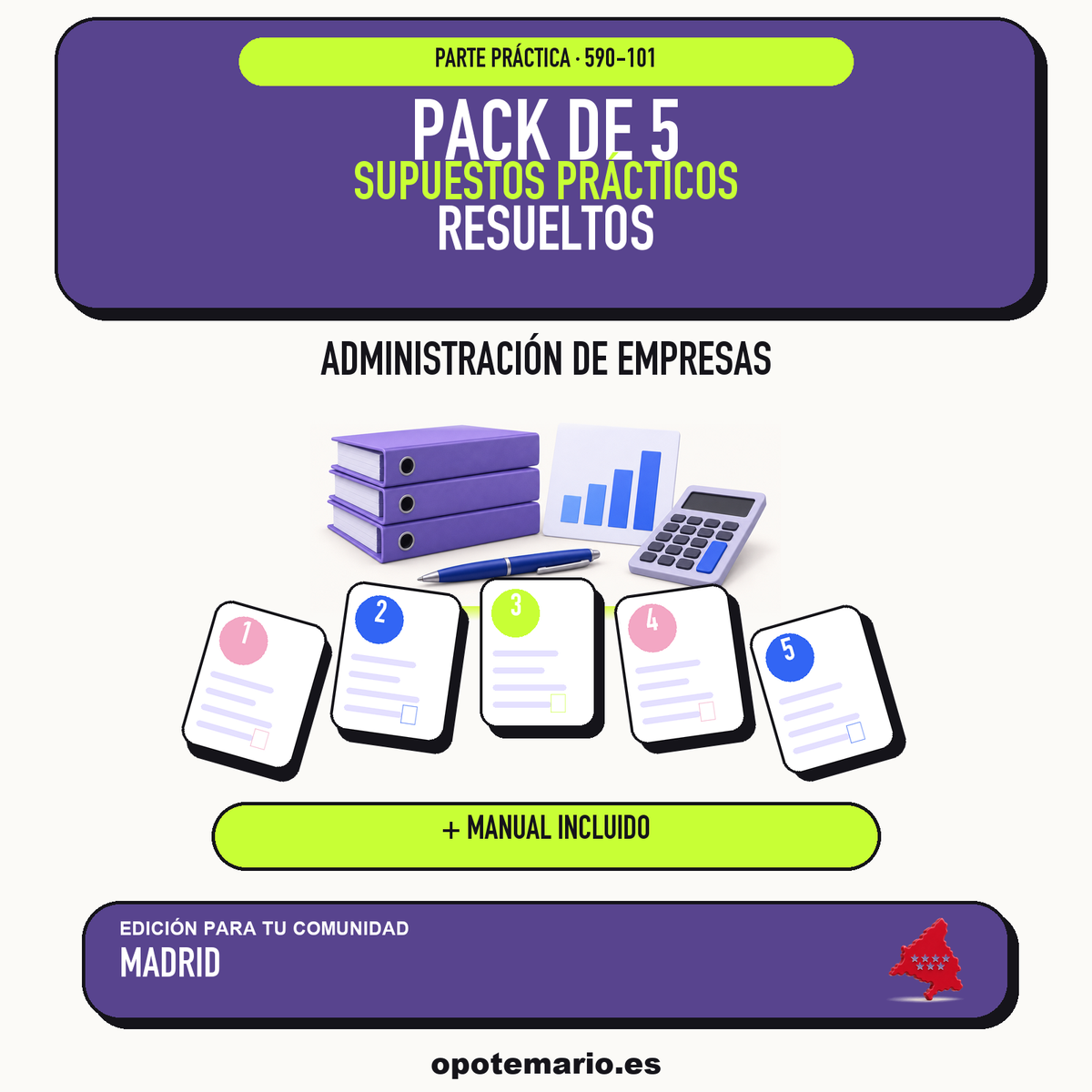 Pack de 5 supuestos prácticos resueltos de Administración de Empresas en Madrid. Incluye manual específico. PDF de Opotemario.