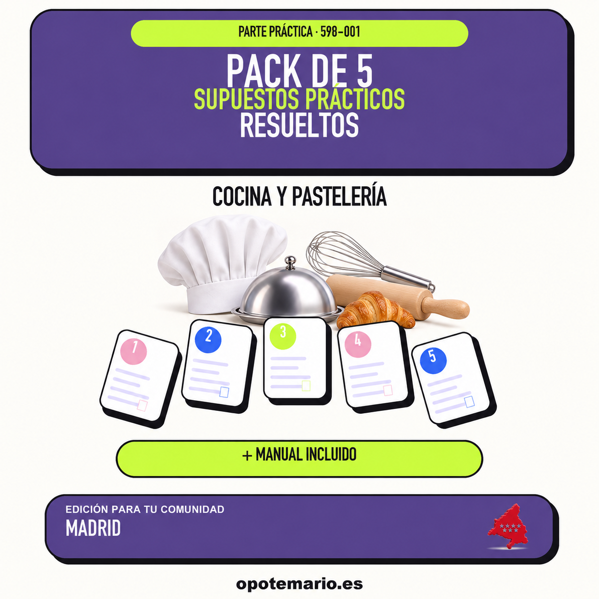 Pack de 5 supuestos prácticos resueltos de Cocina y Pastelería en Madrid. Manual incluido. Opotemario.