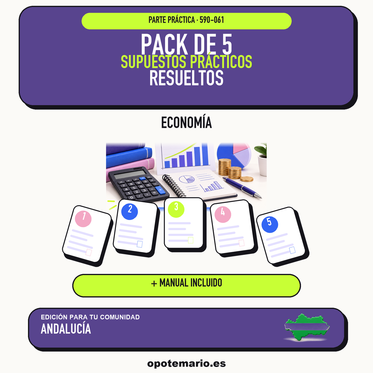 Pack de 5 supuestos prácticos resueltos de Economía en Andalucía. Incluye manual específico. PDF de Opotemario.